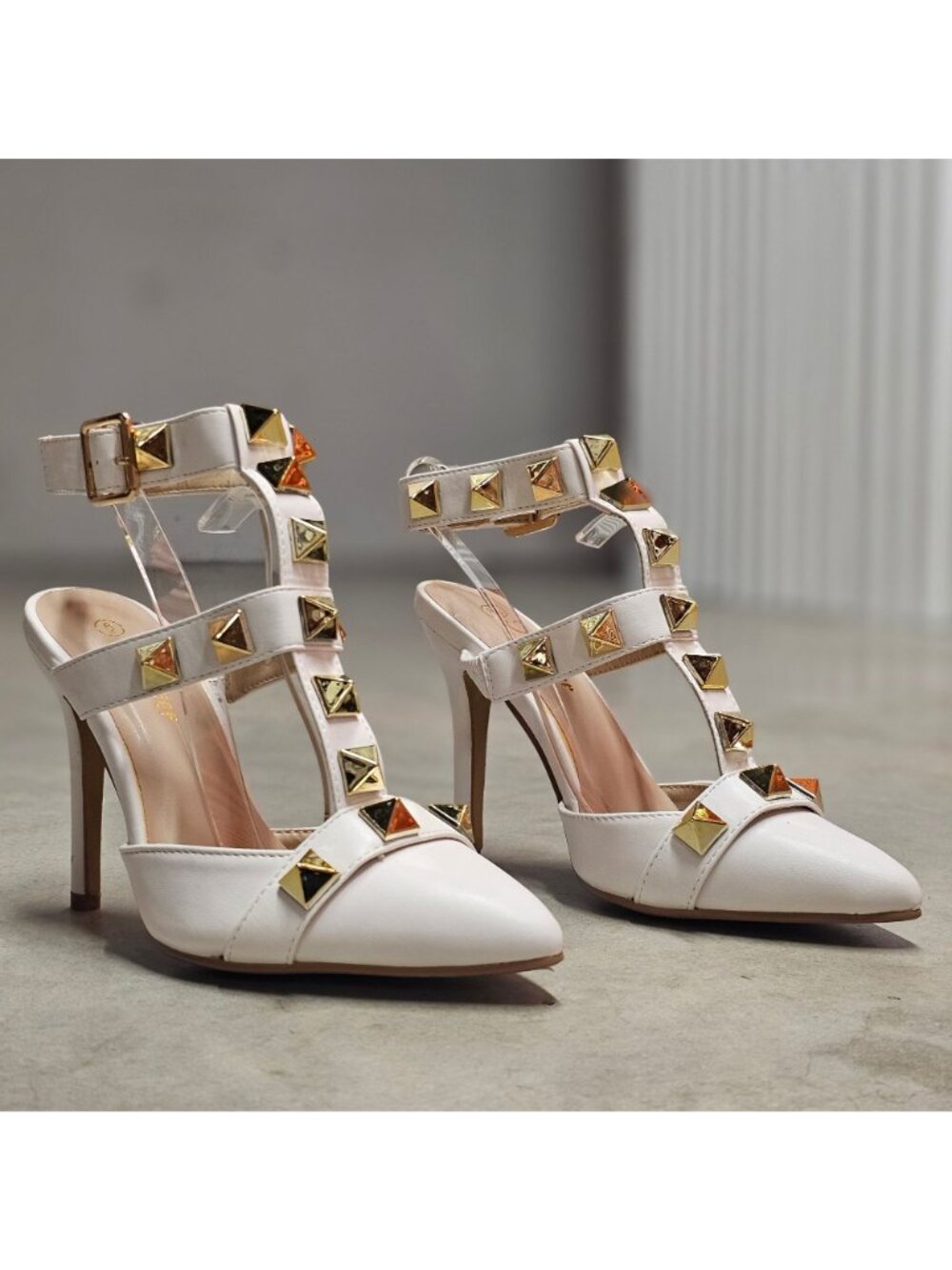 White Studded Pointed-Toe High Heels With Adjustable Buckle Strap & T-Strap Desi - Picture 10 of 15